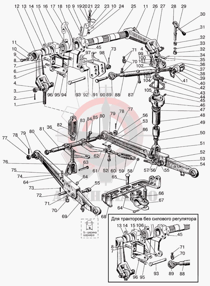 Механизм задней навески (для тракторов с силовым регулятором и без силового регулятора) МТЗ-510/512, 520/522