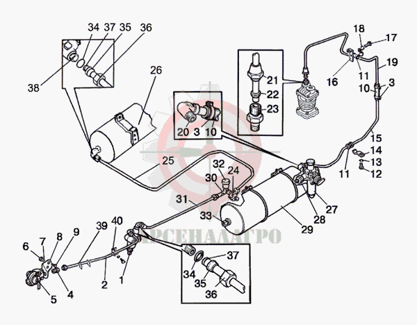 Трубопроводы и арматура однопроводного пневмопривода тормозов прицепа МТЗ-826